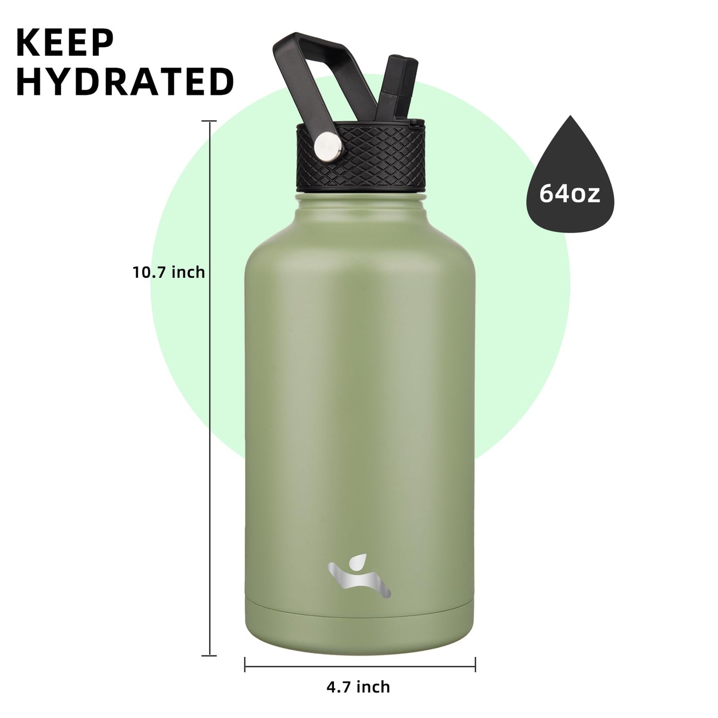 Konokyo Half Gallon Insulated Water Bottle with Straw,64 oz 3 Lids Water Jug with Carrying Bag,Paracord Handle, Double Wall Vacuum Stainless Steel Metal Flask,Camp Green