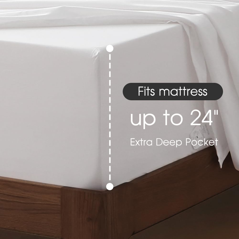 HYPREST Extra Deep Pocket Queen Sheet Sets Fits 18"-24" in Deep Mattress -100% Cotton Queen Sheet Set,White Hotel Luxury Soft Cooling Sheet Sets for Queen Bed Deep Pocket