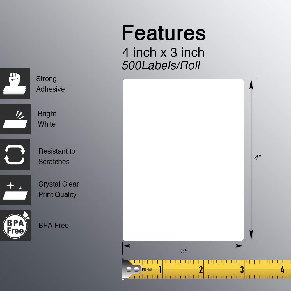 BETCKEY - 4" x 3" (102 mm x 76 mm) Shipping & Multipurpose Labels Compatible with Zebra & Rollo Label Printer,Premium Adhesive & Perforated [10 Rolls, 5000 Labels]