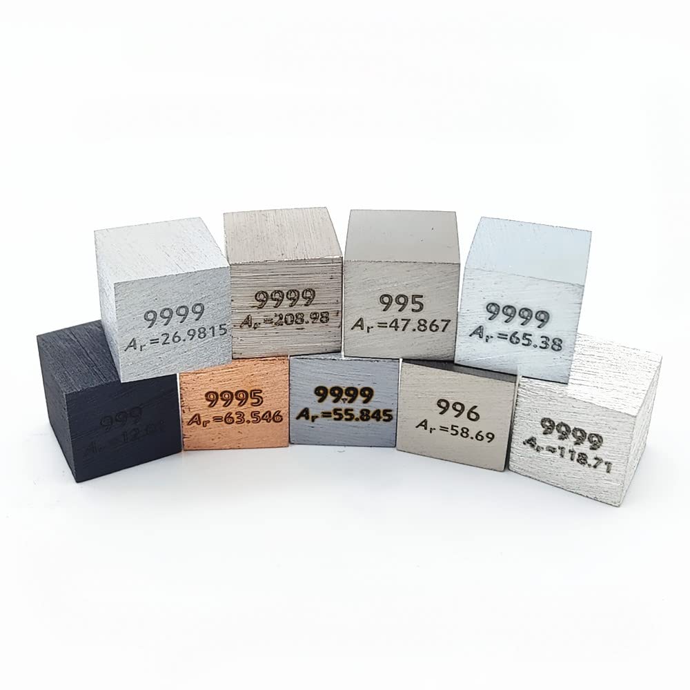 0.39" Element Cube Set 10mm Density Cubes Copper Iron Bismuth Titanium for Periodic Table Collection Up to 99.99% Purity (0.39“, 9-01)