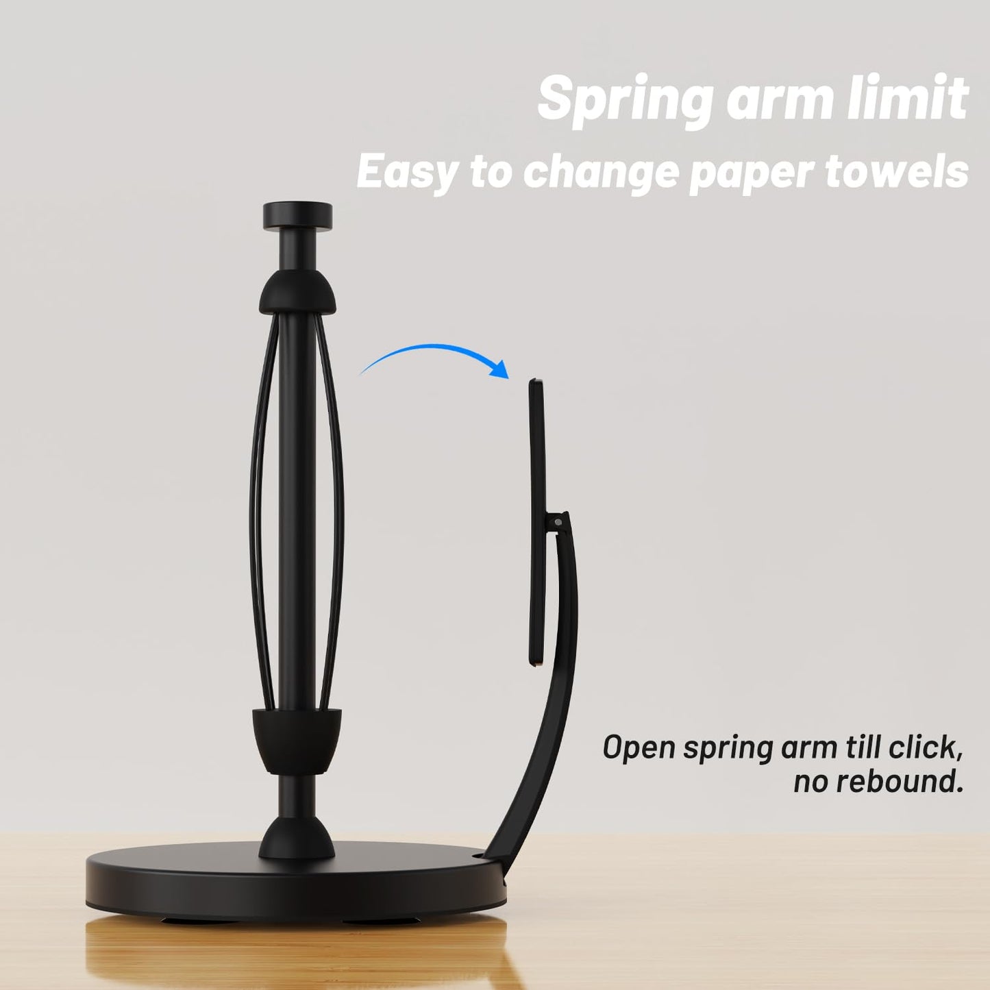 VEHHE Paper Towel Holder Countertop, Black Paper Towel Holder with Spring Activated Arm and Damping Effect, Simply Tear Paper Towel Stand for Bathroom and Kitchen (Black)