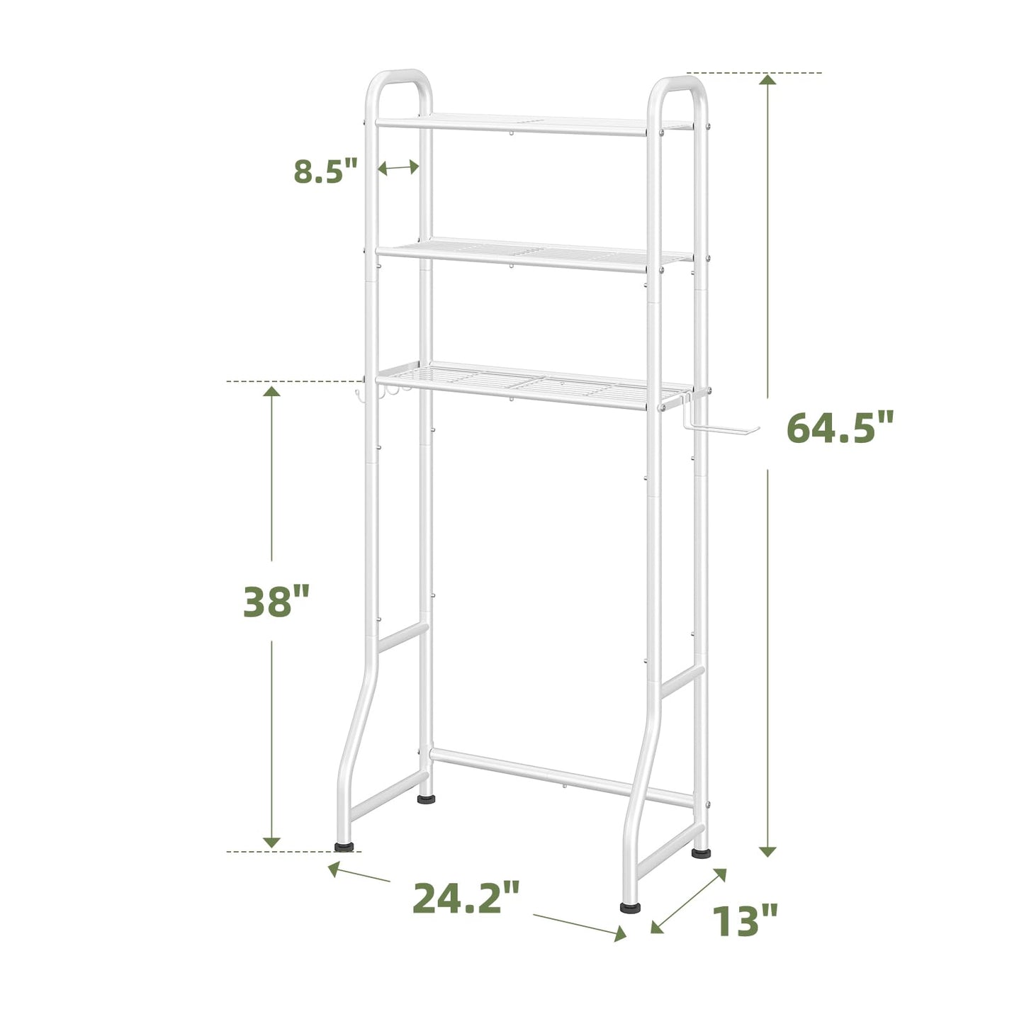 Simple Trending Over The Toilet Storage Rack, Metal 3 Tier Bathroom Organizer Shelf with Paper Holder and 3 Hooks, Freestanding Shelf Space Saver Above Toilet, White