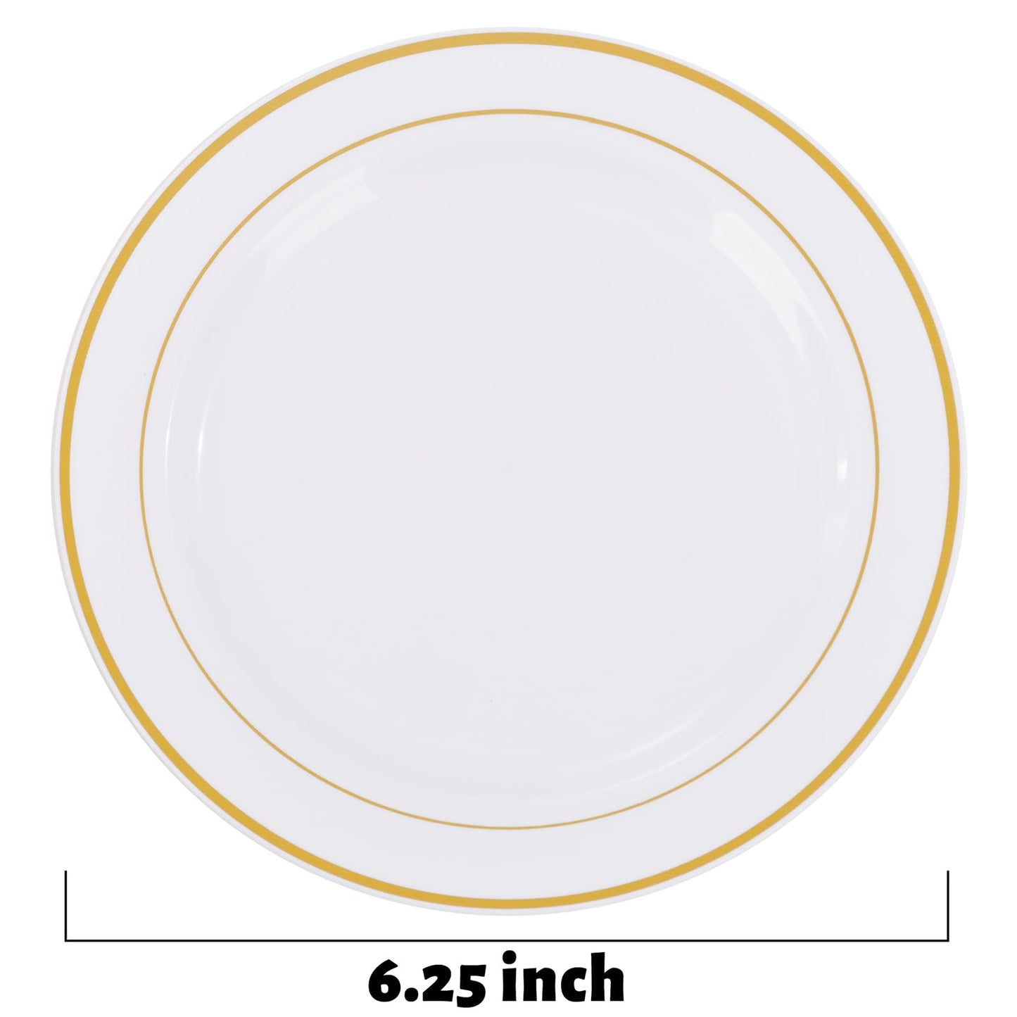 bUCLA 200PCS Gold Plastic Plates - 6.25inch White with Gold Trim Disposable Salad/Dessert/Appetizer/Small Cake Plates, Ideal for Wedding & Party