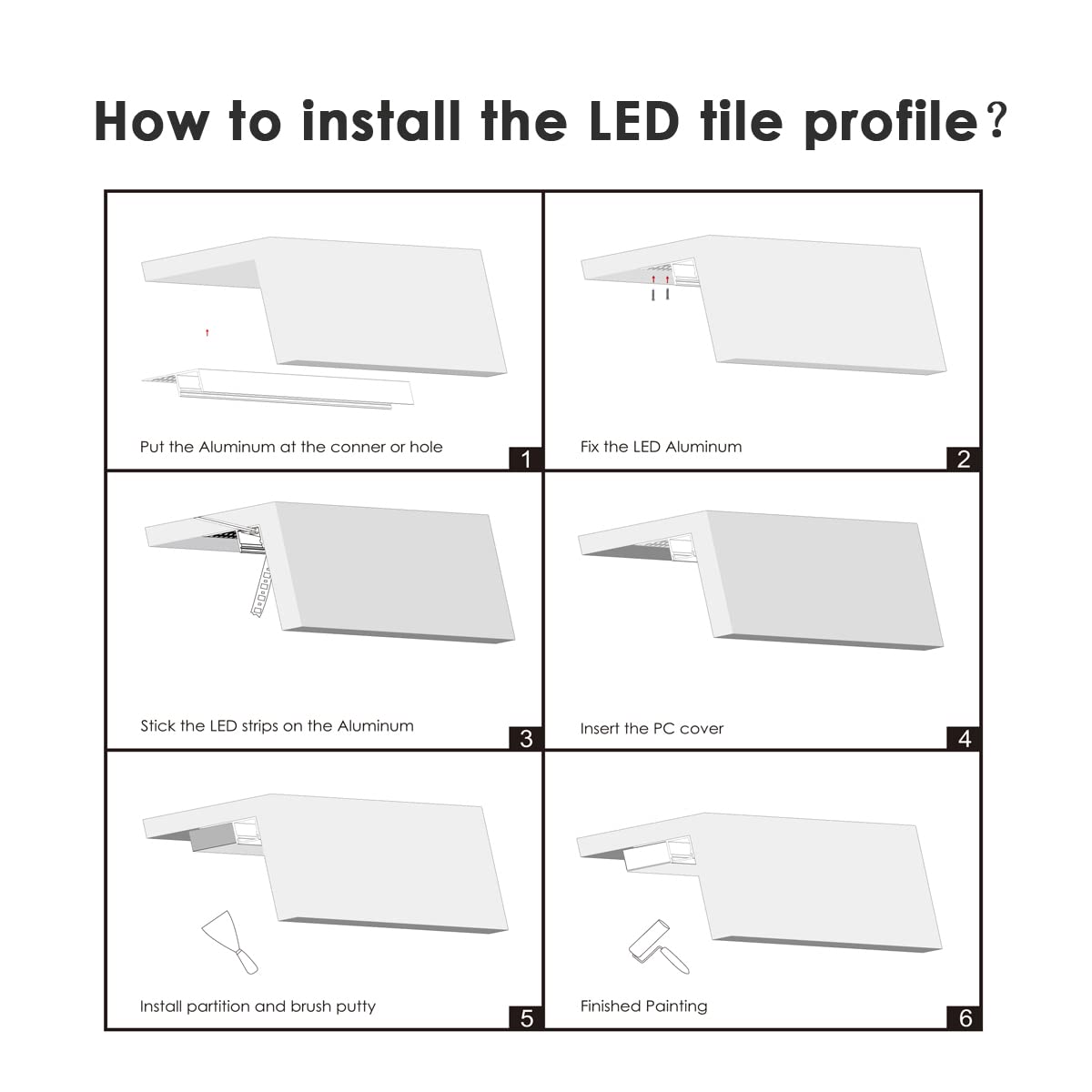 Besseto Plaster-in LED Channel 6 Pack 3.3FT/1 Meter Trim Edge Tile LED Strip Aluminum Channel, Trimless Recessed Drywall Aluminum LED Profile with Milky Diffuser and End Caps
