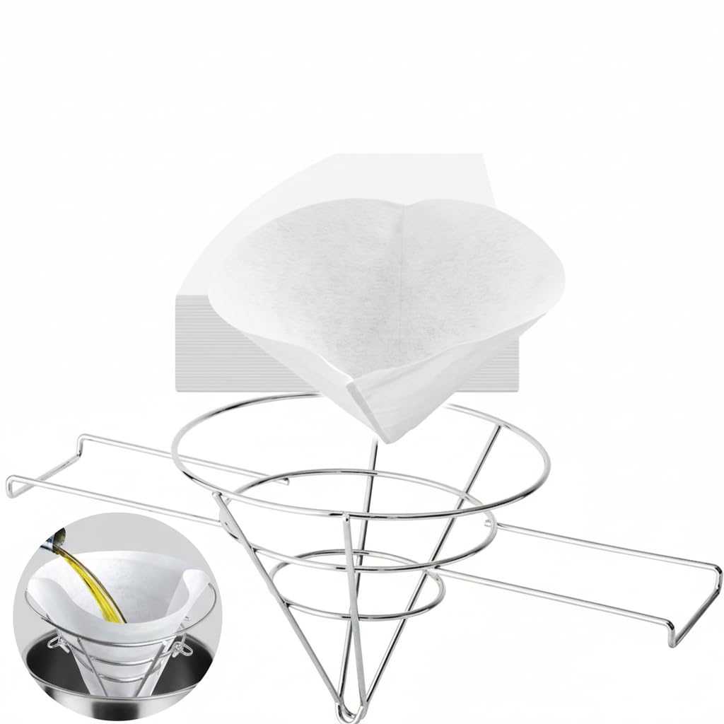 (100 Filters) Commercial Deep Fryer Oil Filter Paper Cones, 100 Count, with 10 inch Chrome-Plated Steel Filter Holder Stand, cooking oil filters Non-Woven Premium Cones