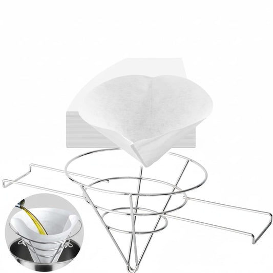 (100 Filters) Commercial Deep Fryer Oil Filter Paper Cones, 100 Count, with 10 inch Chrome-Plated Steel Filter Holder Stand, cooking oil filters Non-Woven Premium Cones