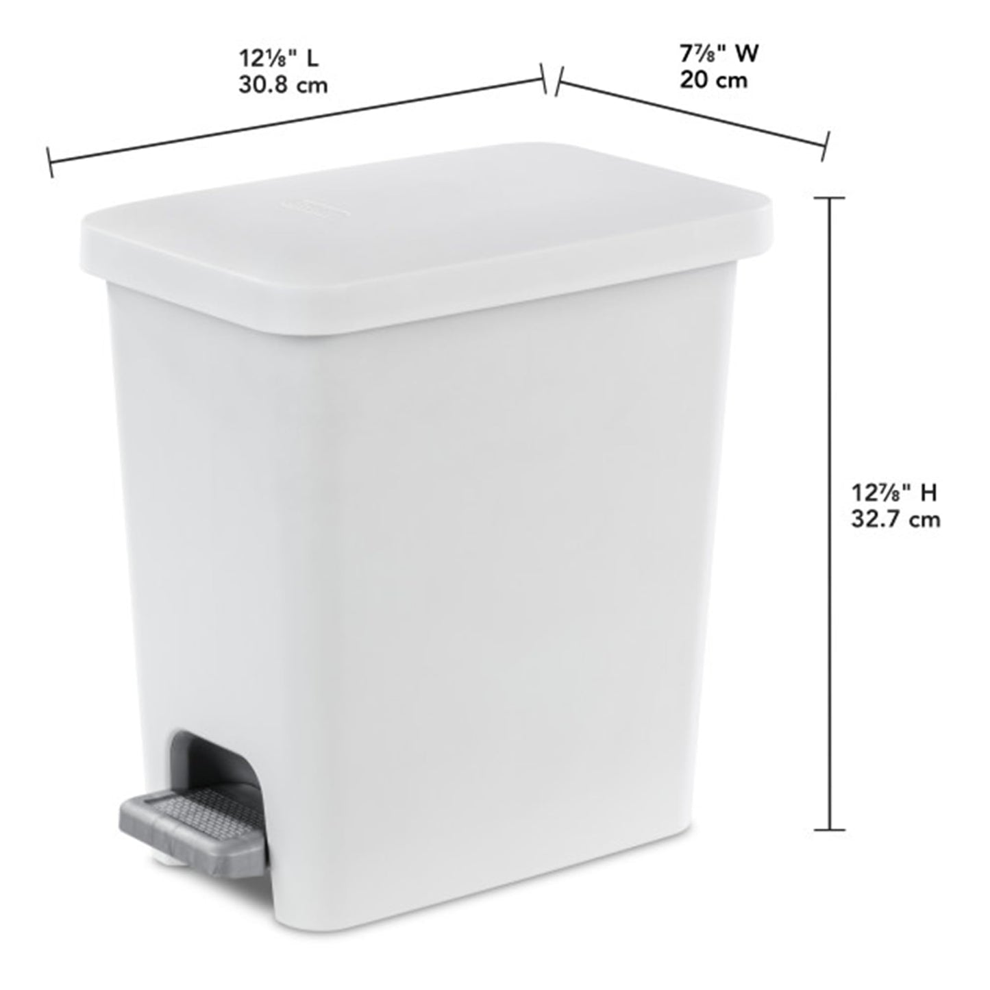 Sterilite 2.7 Gallon Rectangular StepOn Wastebasket, Small, White lid and base with Titanium pedal and Liner