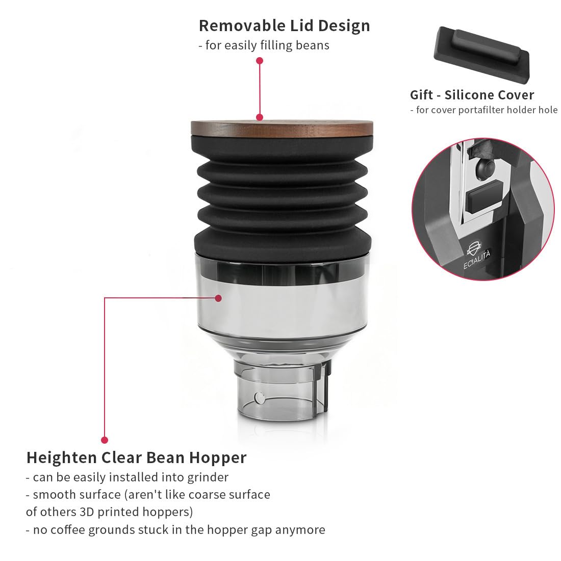 Single Dose Hopper Compatible with Eureka Mignon Espresso Coffee Grinder Silicone Bellow for Blow Out Residual Coffee Grounds (Heighten Hopper)