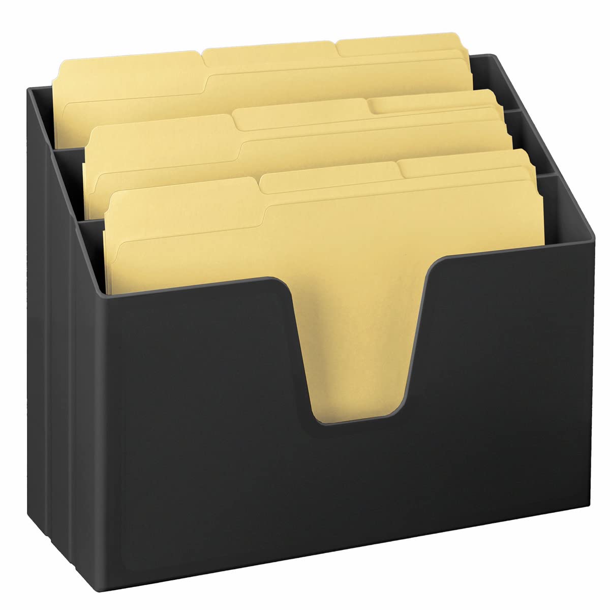 Acrimet Horizontal Triple File Folder Holder Organizer, Open-Top Desktop Document Sorter for Letter Size Papers & Folders, Includes 9 Manila Folders, Plastic Black
