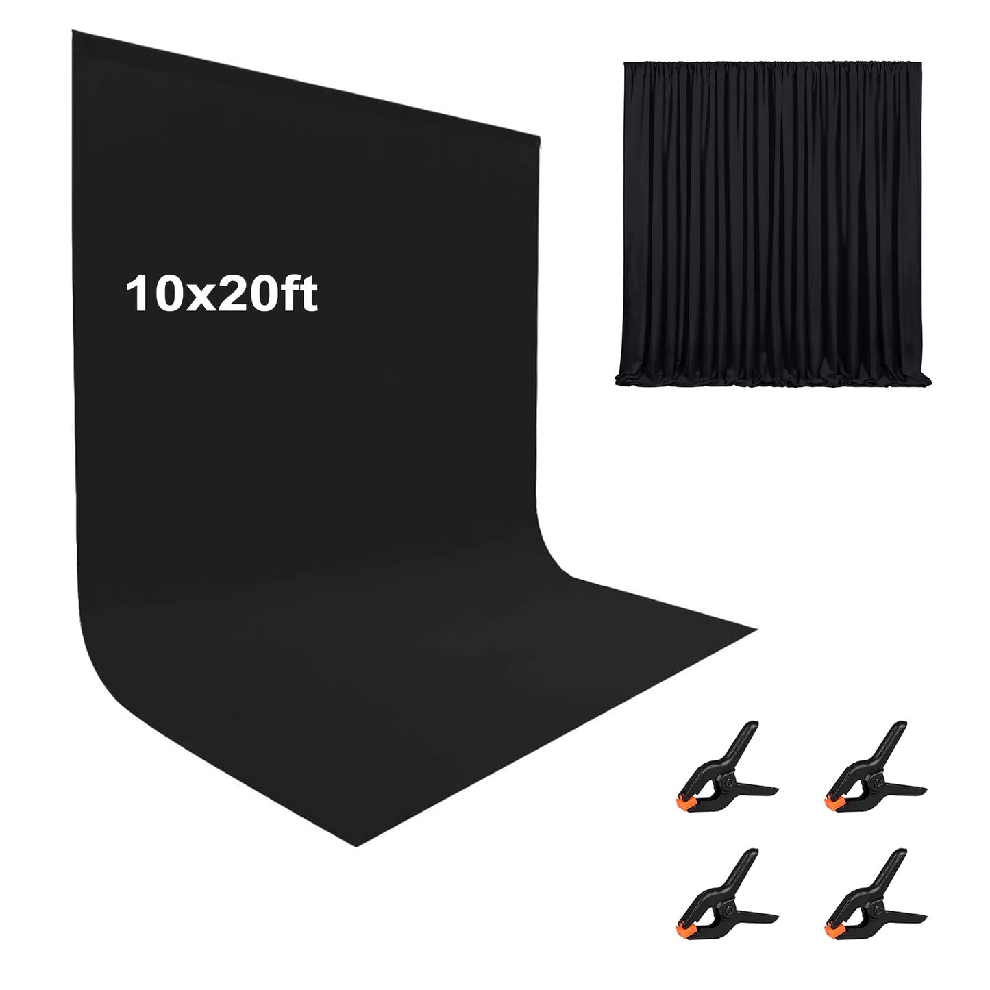 10X20ft Black Photo Backdrops for Photography, LCUIRC Two Rod Pocket Backdrops Curtain for Parties, Polyester Fabric Background with 4 Clamps for Product Protrait Photoshoot or Parties Decoration