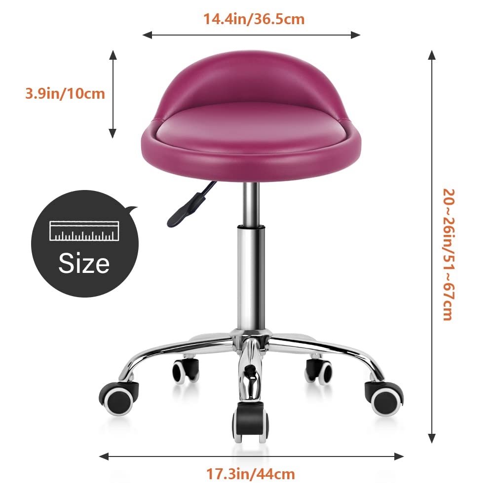 KKTONER PU Leather Round Rolling Stool with Back Rest Height Adjustable Swivel Drafting Work SPA Medical Task Chair with Wheels (Rose red)
