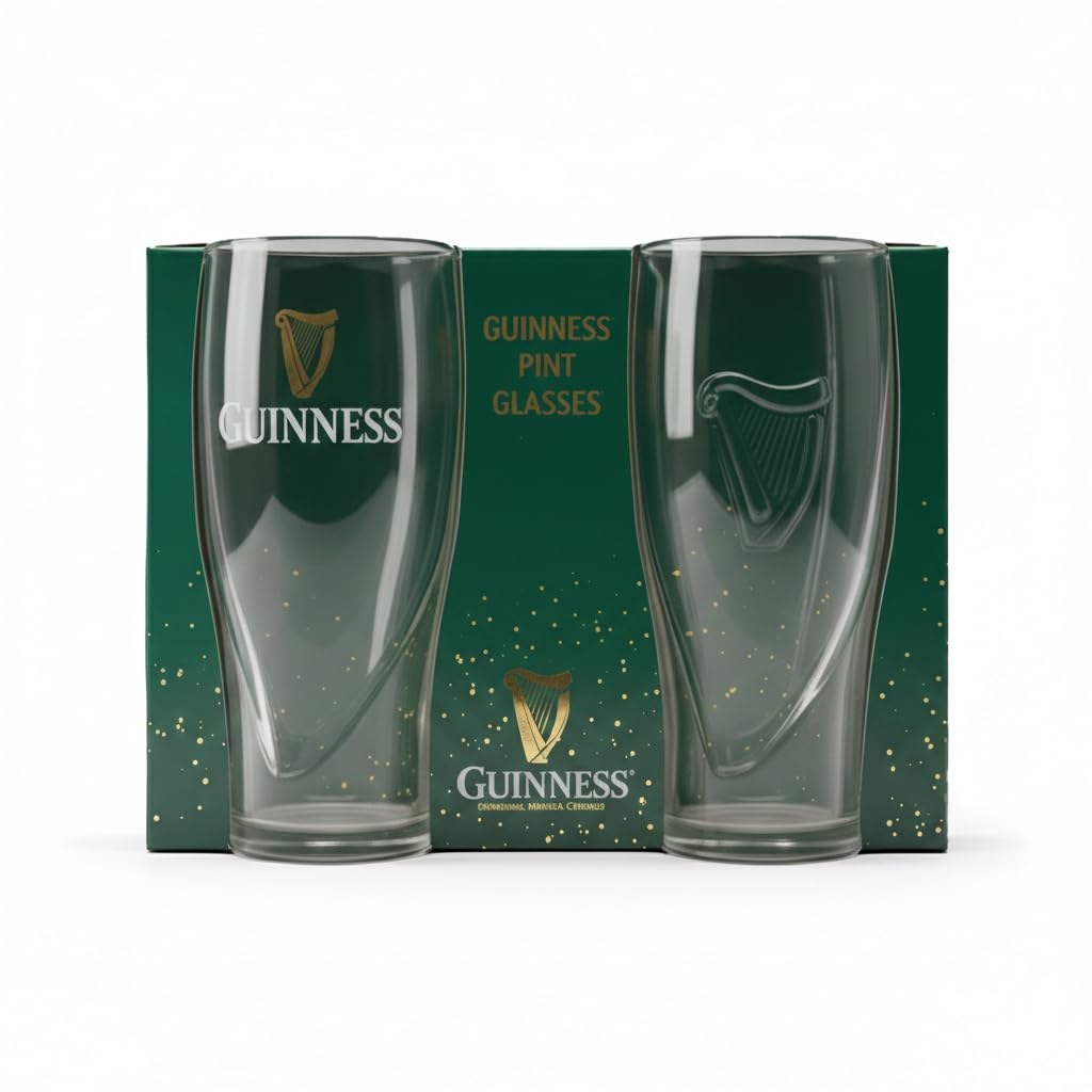 Guinness Gravity Pint Glasses 2 Pack Gift Set | 20oz Official Beer Glasses | Green Ireland Packaging | Embossed Harp Design | Ideal Gift for Beer Lovers & Home Bar