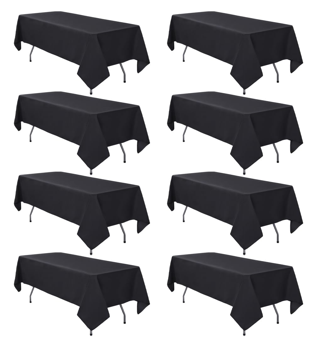 RestfulGlow 8 Pack Black Tablecloth 60 x 126 Inch Rectangular Table Cloth for 8 Foot Rectangle Tables, Wrinkle Resistant Washable Polyester Fabric Table Covers for Wedding Party Banquet Buffet