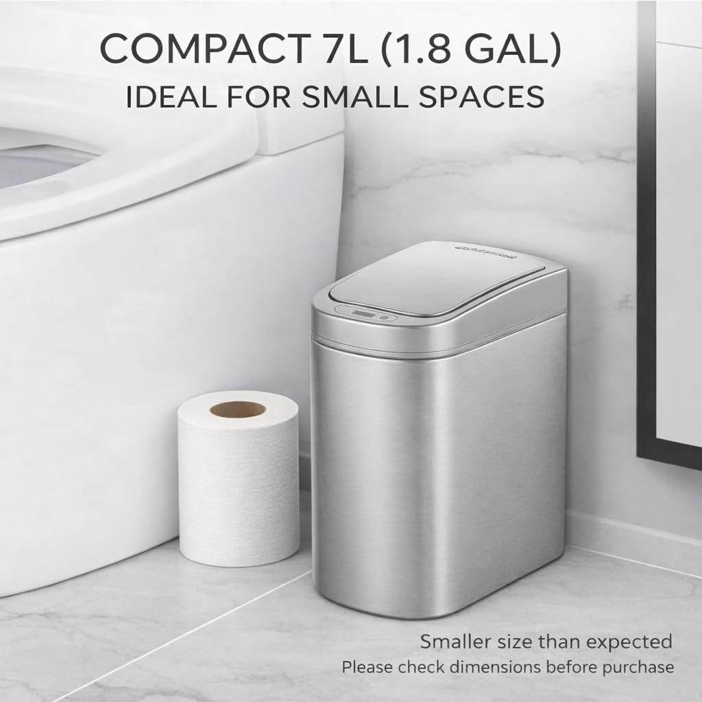 Ninestars Automatic Motion Sensor Bathroom Trash Can, 1.8 Gallon Smart Opening Garbage Bin for Bathroom, Bedroom, Kitchen, Office 7 Liter Compact Stainless Steel