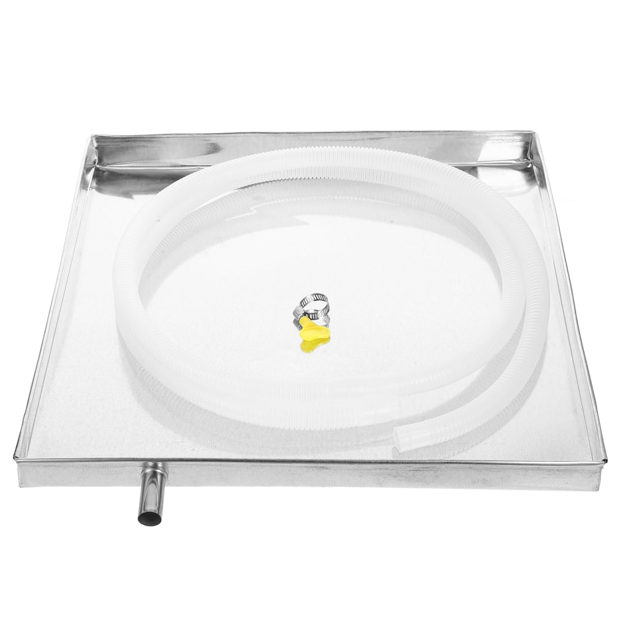 Mikikit Air Conditioner Drip Pan 16 Inch Stainless Steel External Unit Water Tray with 6.5 Feet Drain Hose and Clamp Universal Ac Drain Pan for Portable and Outdoor Air Conditioning Units