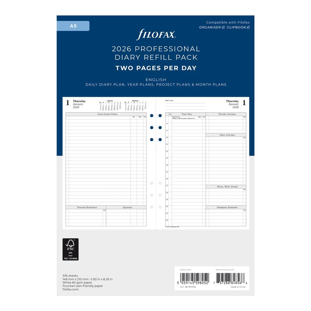 Filofax Calendar Diary Refill, A5 Size, One Day on Two Pages with Appointments, Time Management, White Paper, English, 2026 (CTM7031-26)