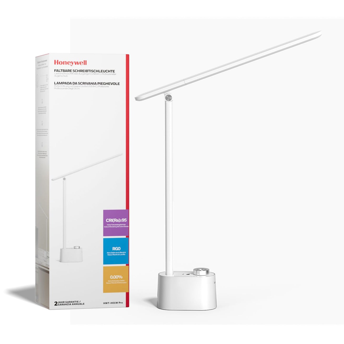 Honeywell Upgraded LED Desk Lamp - H01 Pro Sunturalux™ Foldable Desk Light with USB A+C Charging Port, 3 Color Modes Dimmable Table Lamp for Home Office Reading(White)