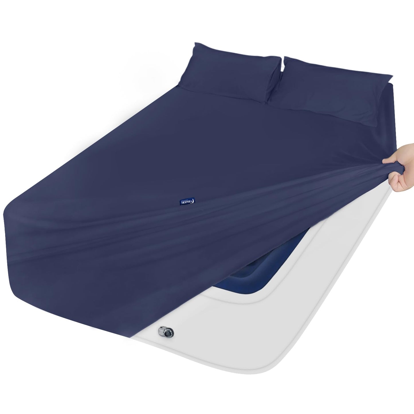 Moonsea Queen Sheet Set for Air Mattress - Sheets Queen Size Bed Set - 3Pcs Side Storage Pocket Fitted Sheet & Pillowcases Easily Fits 16in to 24in Pillow Top Air Bed Mattress - Navy Blue