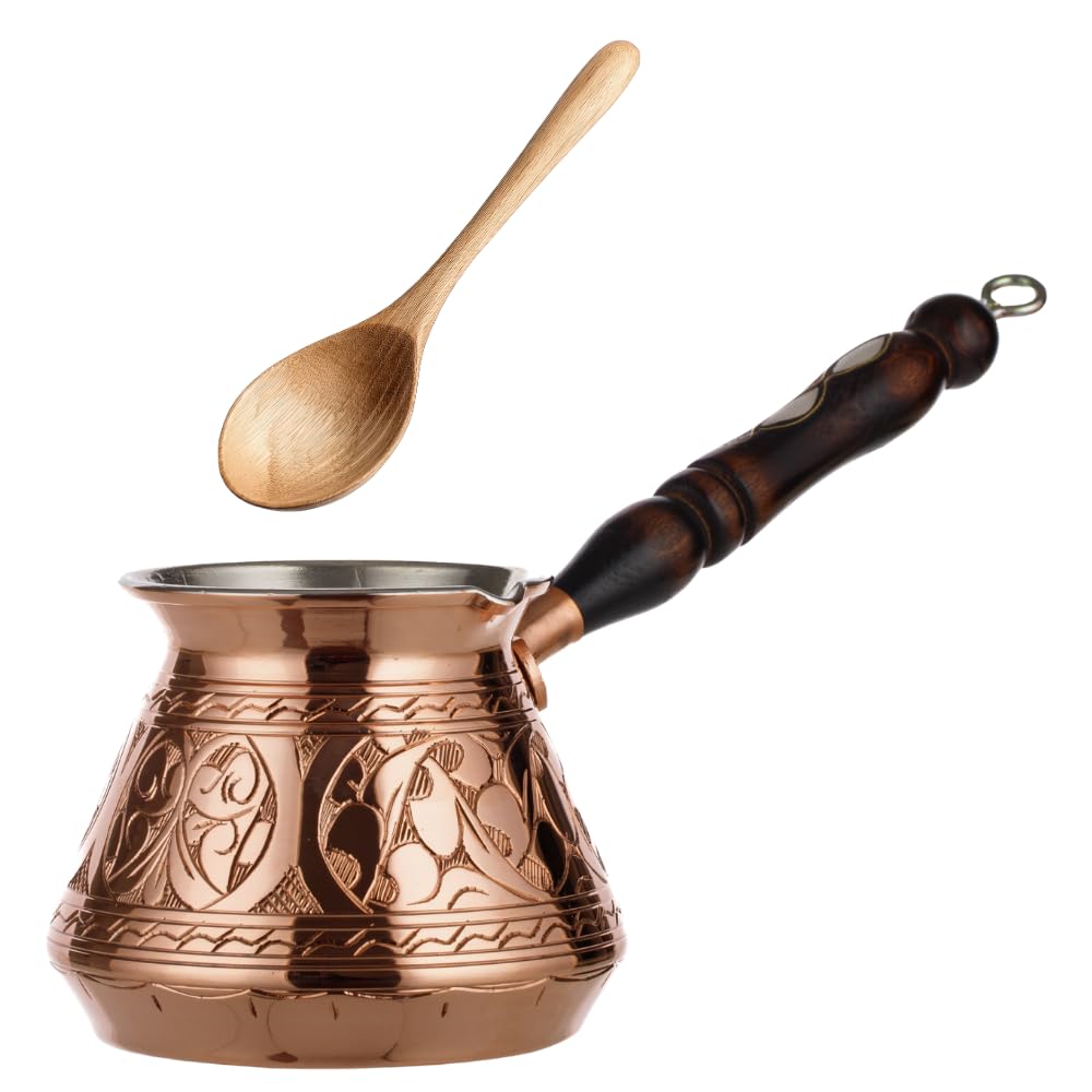 DEMMEX Copper Turkish Coffee Pot Cezve Ibrik Greek Coffee Briki Stovetop Coffee Maker with Wooden Handle & Spoon, 1mm Thick Copper, Handmade & Engraved in TURKEY, 9 fl Oz - 3 Servings