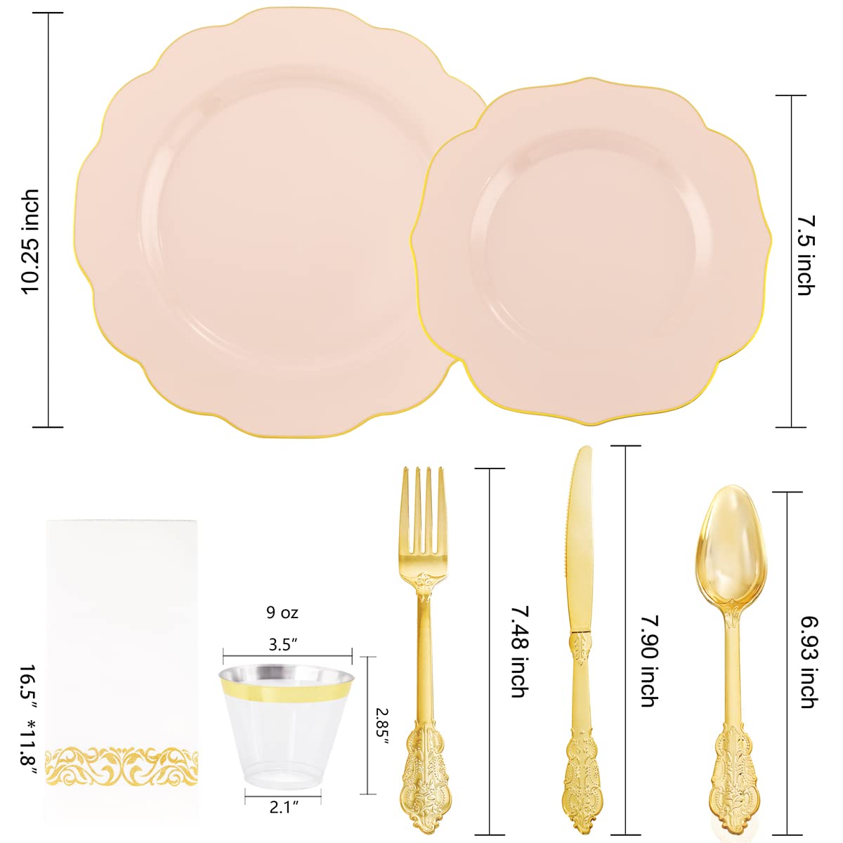 NOCCUR 175PCS Pink Plates with Gold Disposable Silverware - Include 50 Pink Plastic Plates,25 Knives,25 Forks,25 Spoons,25 Cups and 25 Napkins - Ideal for Party/Wedding/Banquet/Baby Shower