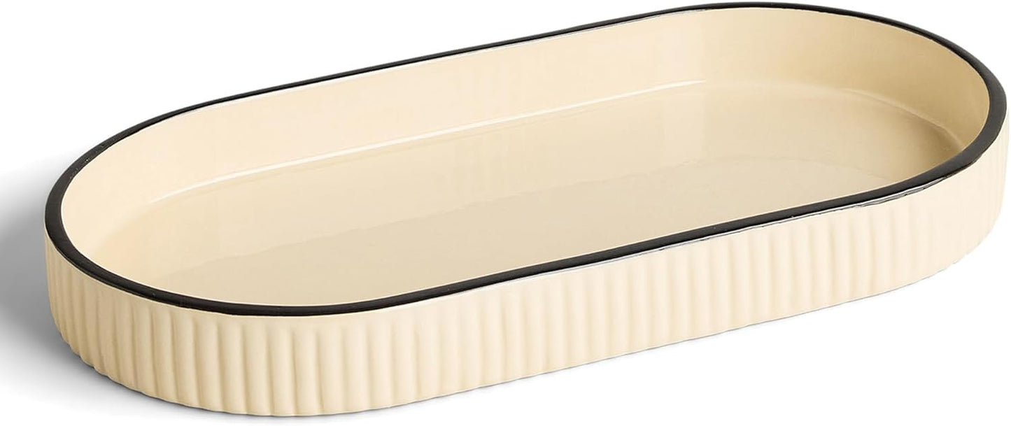 Preston Lane Signature Ceramic Tray – Handmade in Portugal with Fluted Edges & Hand-Painted Trim – Decorative Organizer or Home Accent, Large, Alabaster 12.3 x 6 x 1.3
