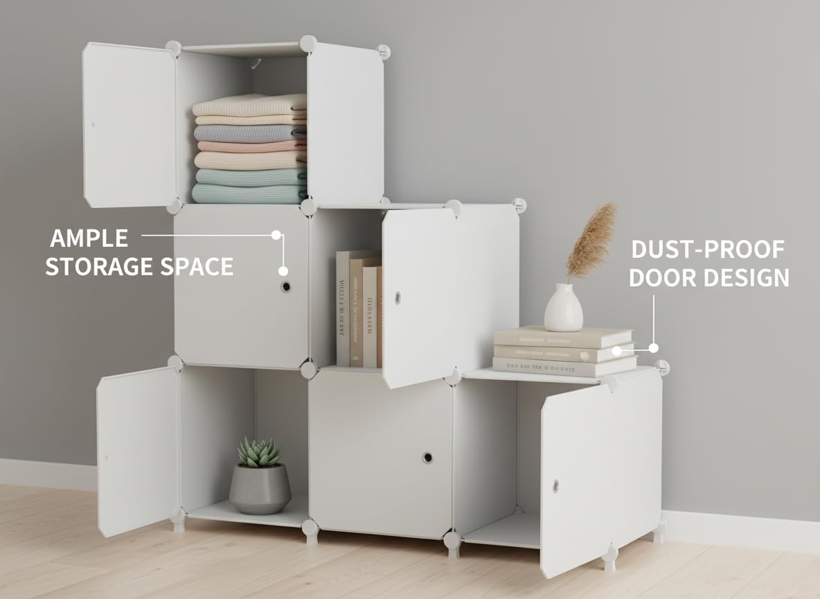 ATTDETJL Cube Storage Organizer, 6-Cube Shelves Unit with Doors, DIY Stackable Plastic Clothes Organizer for Bedroom and Under Stairs Storage Unit, Each Compartment 30 x 30 x 30 cm White