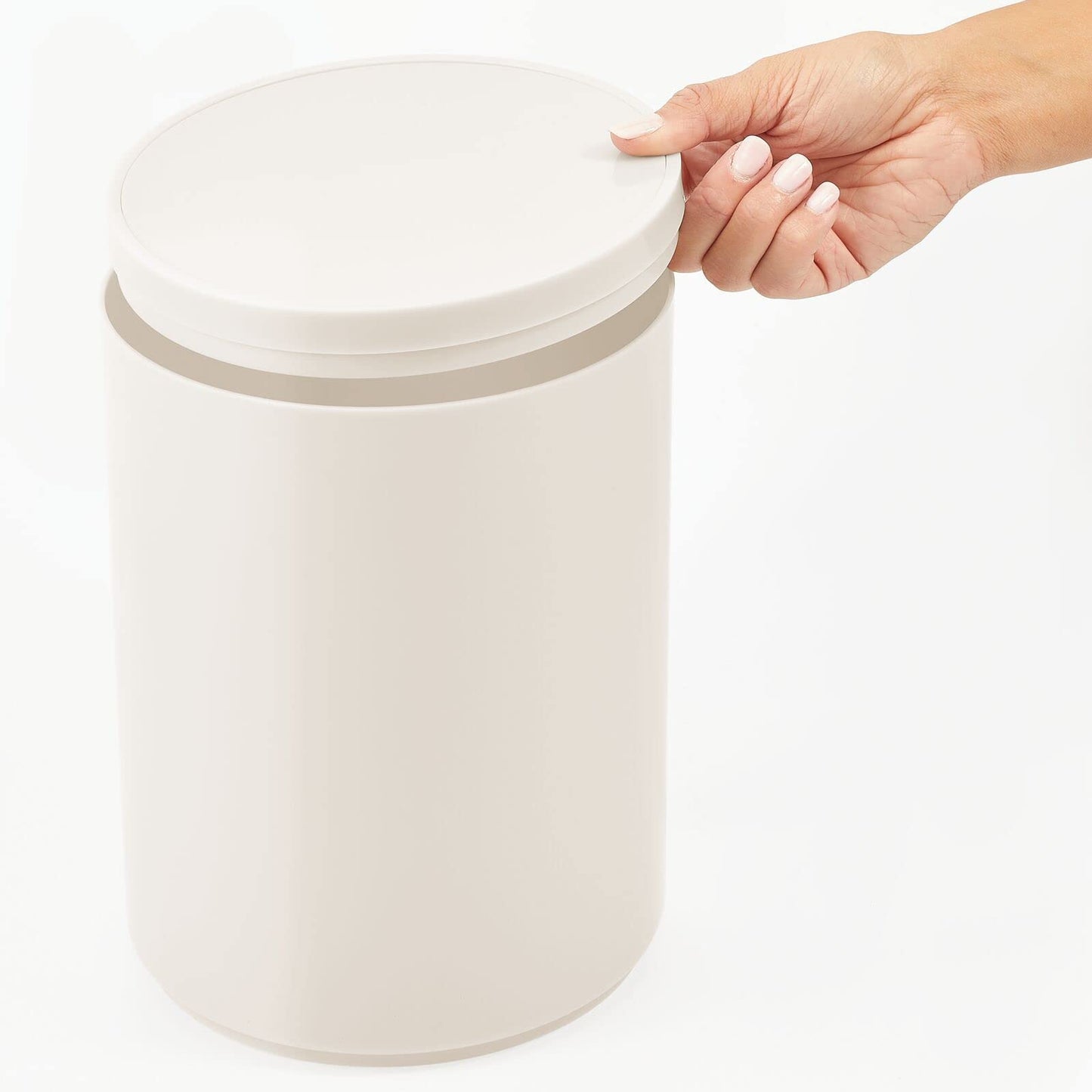 mDesign Plastic Small Slim Round 1.7 Gallon/6.5 Liter Trash Can with Removable Swing Lid - Wastebasket, Garbage Container Basket Bin for Master/Guest Bathroom - Holds Rubbish/Recycle - Cream/Beige