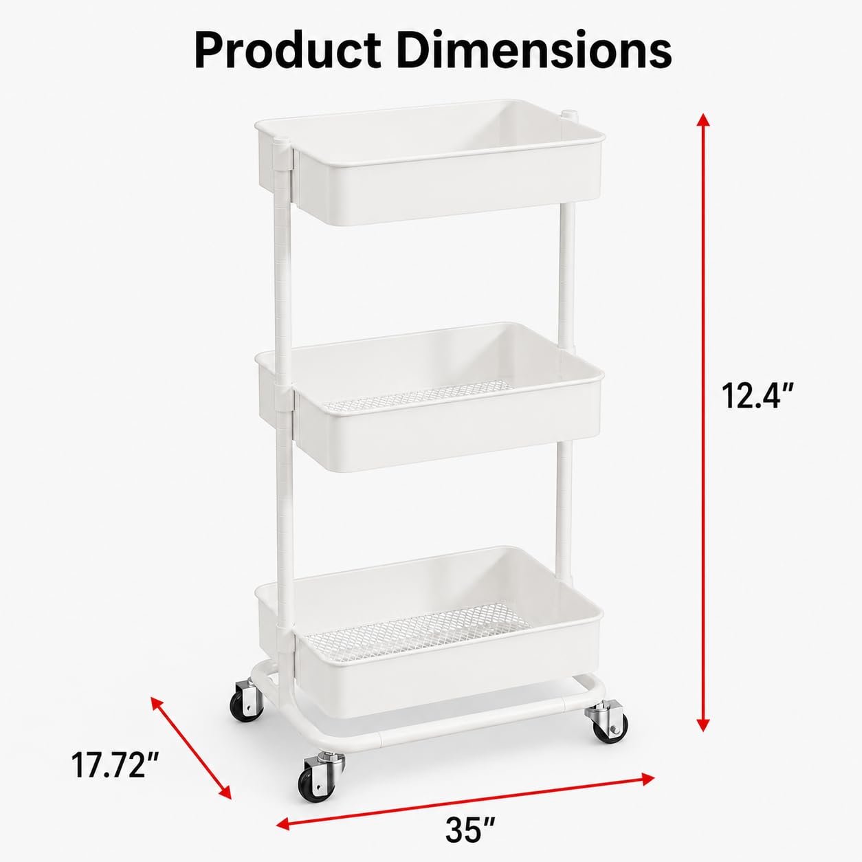 3 Tier Utility Rolling Cart, Heavy Duty Metal Rolling Cart with Wheels, Storage Organizer, Portable Mobile Shelving Unit for Office, Bathroom, Kitchen (White)