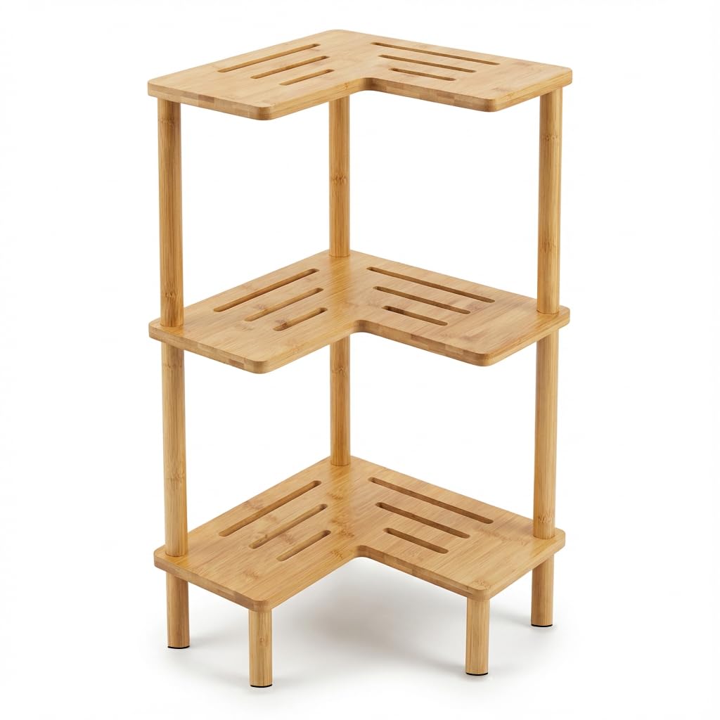 JEDULAR Bamboo Corner Shower Caddy Stand 3-Tier, Standing Shower Organizer with Anti-Slip Feet, Waterproof & Durable Bathroom Shower Shelf, Space-Saving Design Storage for Kitchen or Living Room