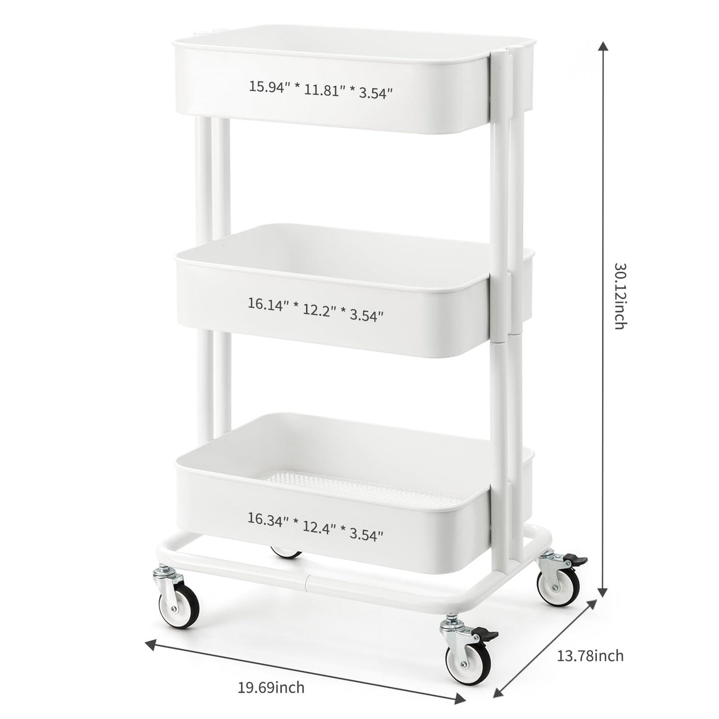 CARTTECH 3 Tier Rolling Cart Metal Heavy Duty Utility Cart with Silent Caster Lockable Wheels Multi-Functional Organization Carts Storage Trolley with Mesh Shelves for Office Kitchen Living Room white