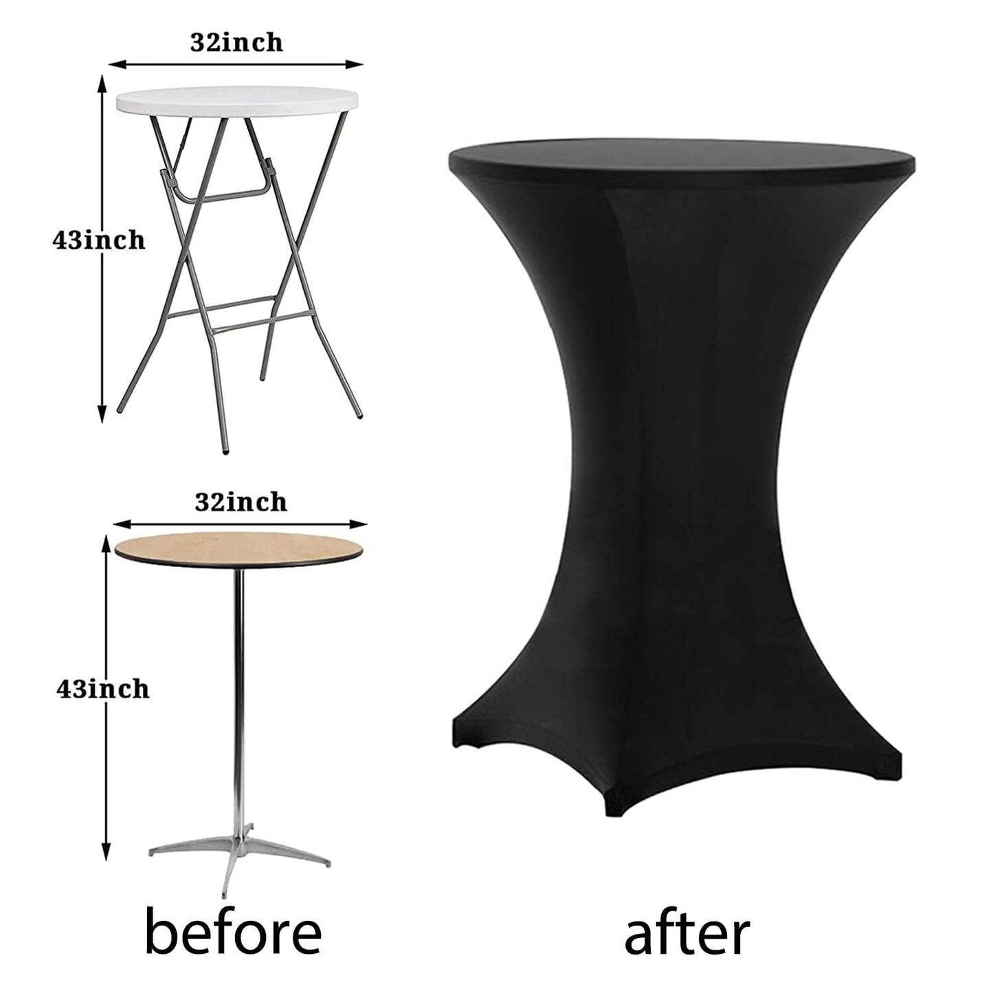 Tina's 8 Pack 32x43 Inch Highboy Spandex Cocktail Table Covers Black, Fitted Stretch Cocktail Tablecloth for Round Tables (8PC 32X43 Black)