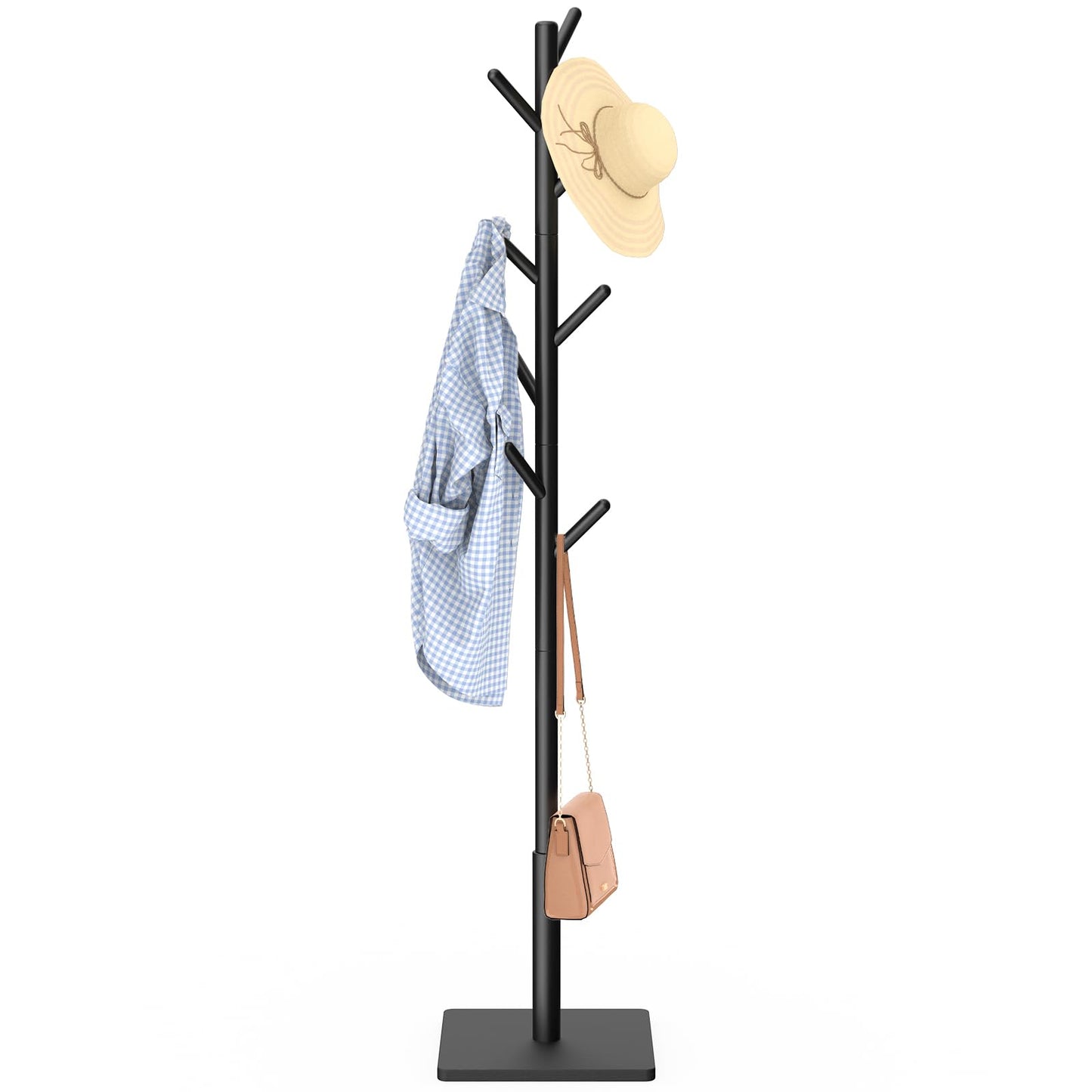 YheenLf Coat Rack Freestanding with Stable Square Base for Cloathes, Hat, Used in Bedroom, Office and Entryway, Sturdy and Easy Assembly Coat Tree with 3 Adjustable Sizes and 8 Hooks, Black