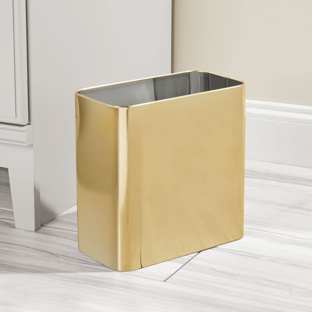 mDesign Small Metal 2.4 Gallon/9 Liter Trash Can Wastebasket Garbage Bin for Bathroom, Slim Rubbish Waste Bin Trashcans - Mirri Collection - Soft Brass