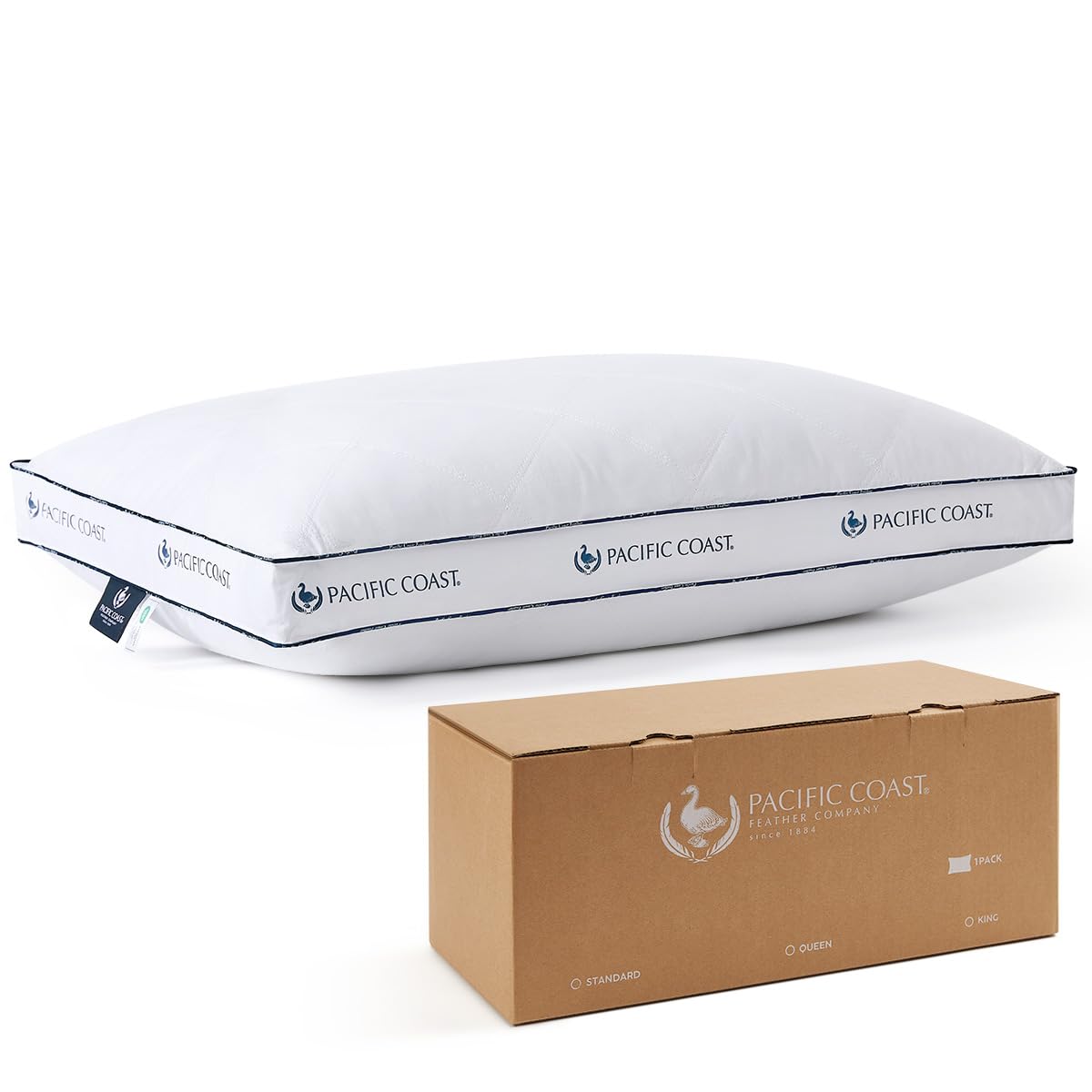 Pacific Coast Firm Bed Pillow, Luxury Hotel Collection Goose Feather and Down Pillow for Sleeping, Standard Size with Gusset Design, Oeko-TEX Certified, Supportive for Side and Back Sleepers