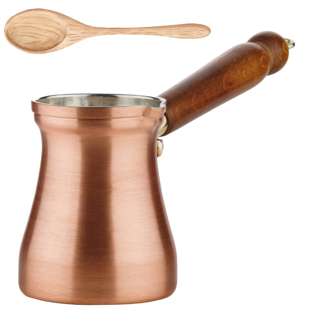 DEMMEX Brushed Copper Turkish Coffee Pot Cezve Ibrik Greek Coffee Briki Stovetop Coffee Maker with Wooden Handle & Spoon, 1mm Thick Copper, Handmade in TURKEY, 8 fl Oz - 3 Servings