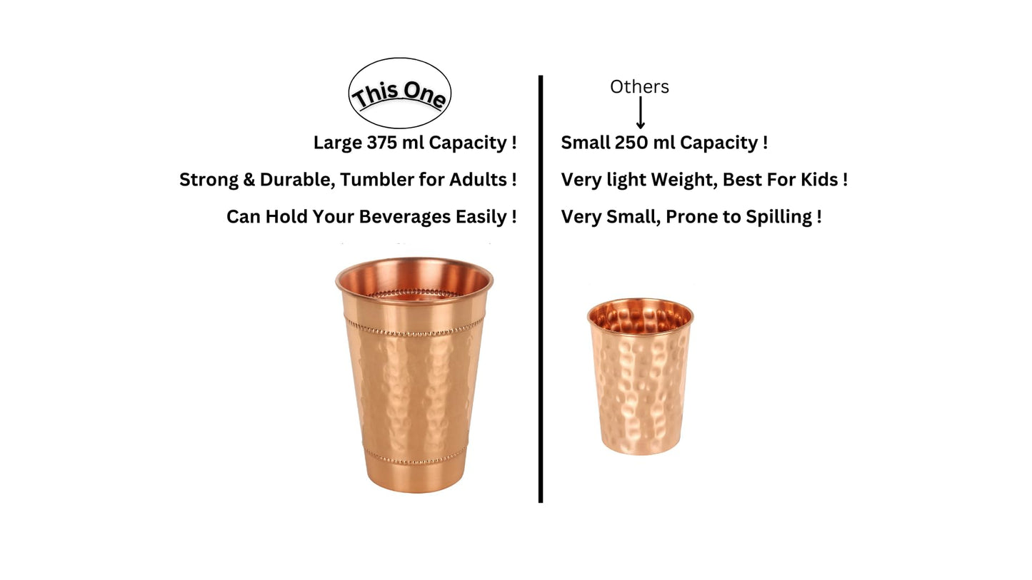 JYPR Hammered Pure Copper Water Drinking Glasses Set of 2 Large 13 Oz Drinking Cups Copper Ayurvedic Health Benefits Tumblers Beautiful Handcrafted Design Cup Best Gift