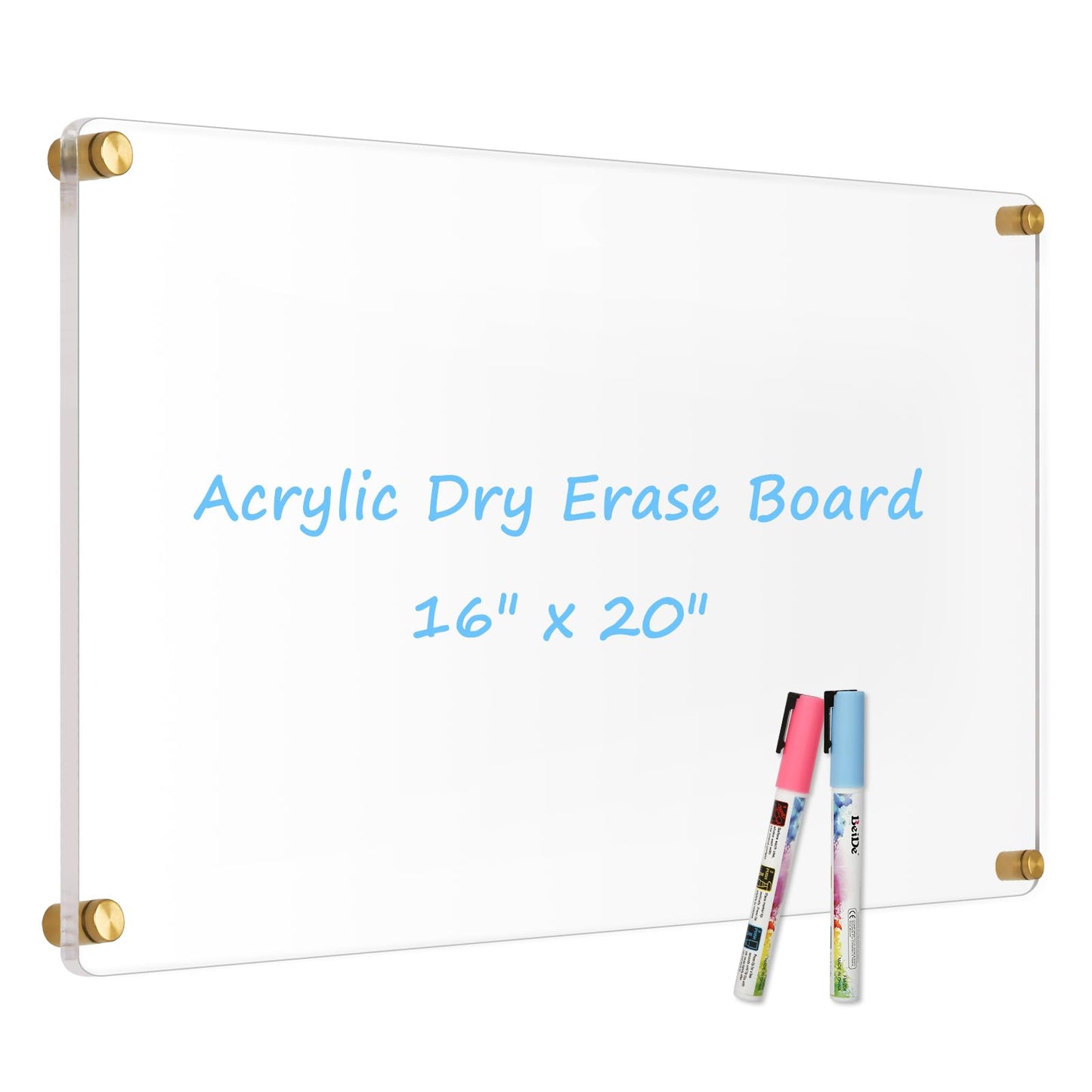 AMUSIGHT Large Clear Acrylic Dry Erase Board, 20" X 16" Golden Non-Magnetic Frameless Clear White Board for Wall, Erasable Acrylic Board for Wall, Home, Office, School, 2 Markers