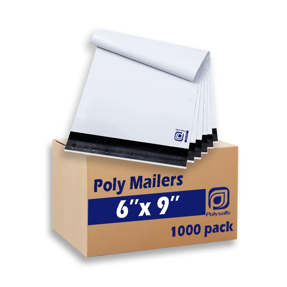 POLYSELLS 1000 6x9 Inch White Pack Poly Mailers Shipping Envelopes, Strong Adhesive Sealing, Waterproof, and Tear-resistant Postal Mailing Bags. Mailer Bags for clothing, books, and accessories