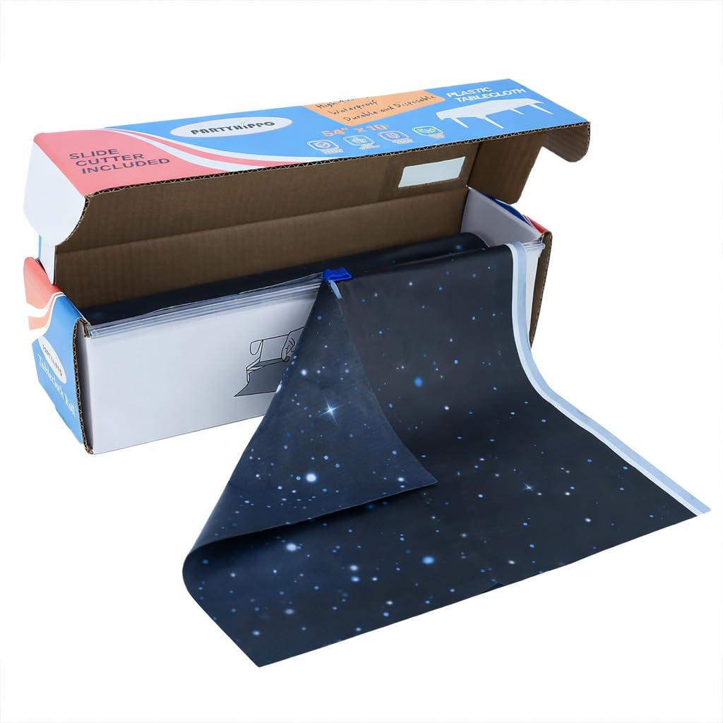 PARTYHIPPO Disposable Tablecloth Roll 54" x 100' with Built-in Cutter Box – Heavy Duty Waterproof, Wrinkle-Resistant Plastic Table Cover – Cut to Size for Rectangle, Round & Oval Tables – Starry Sky