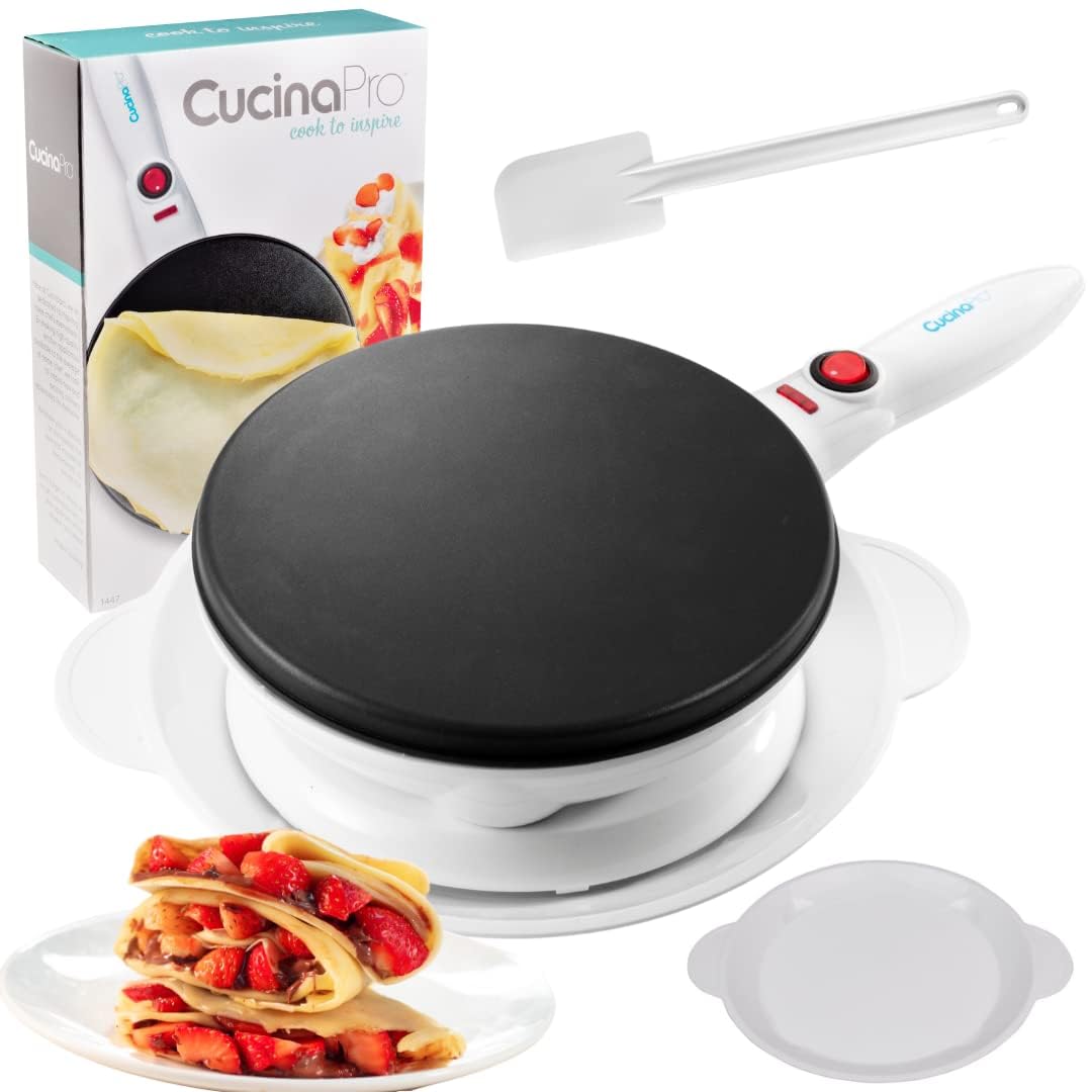 CucinaPro Cordless Crepe Maker- Breakfast Essential with Recipe Guide, Non-Stick Dipping Plate, Electric Base, Batter Spatula- Portable Hot Plate Compact Baker, Morning Brunch, Dessert Gift for Her