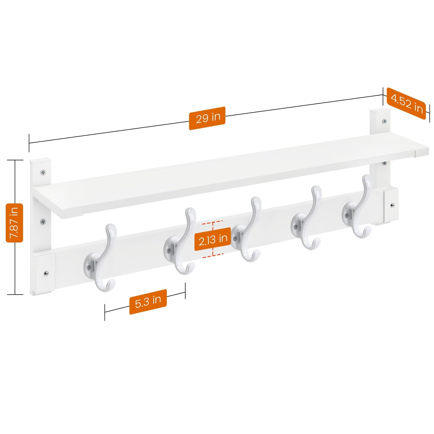 Homode Coat Rack With Wall Shelf, 29" Wooden Entryway Floating Shelf With Hooks Underneath, Hanging Coat Hanger for Bathroom, Living Room, Bedroom, Hallway, White
