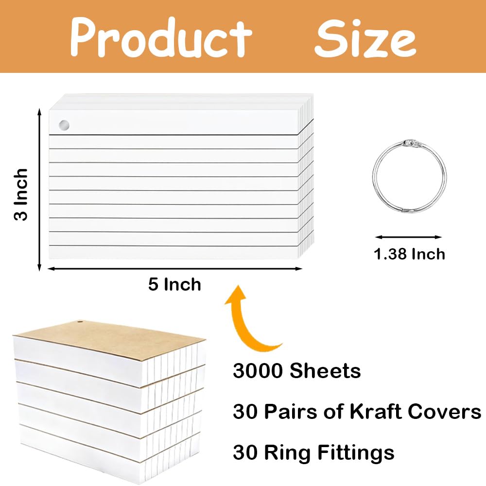 3000 Pcs White Index Cards Bulk with Rings, 3x5 Inch Flash Cards with Holder for Studying, Notecards Lined for Office, Home, School Supplies College, Ruled Index Cards, Double Sided