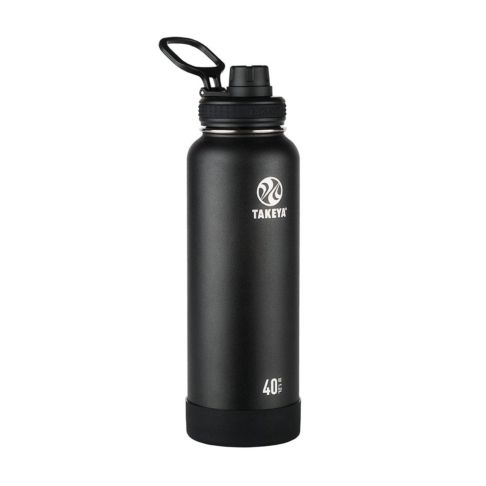 Takeya Actives Stainless Steel Water Bottle, Insulated Spout Lid, Keeps Drinks Cold 24 Hrs, Leakproof, Durable, Dishwasher Safe, Ideal for Gym, Travel, Fits Most Cup Holders, 40 oz/Onyx