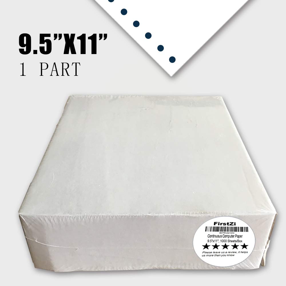 FirstZi Blank 9.5x11 Inches Continuous Feed Computer Paper Fanfold for Dot Matrix Printers, 1000 Count per Box, White 1 Part, Margin Perforated, Perfect for Receipts, Invoices, Bill List