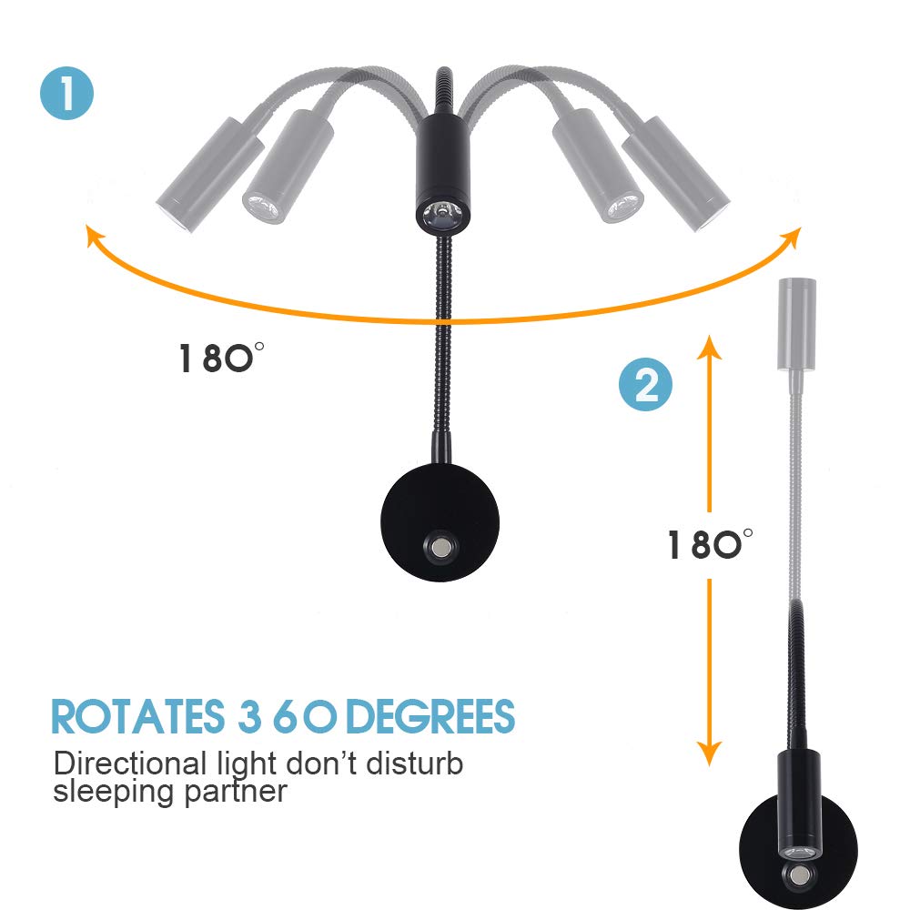 WisHomee Dimmable RV Reading Light with USB Charging Port, DC 12V RV Interior Lights, Flexible LED Light Fixtures, Designed for Camper, Van, Boat and Motorhome, 2 Pack(Black)