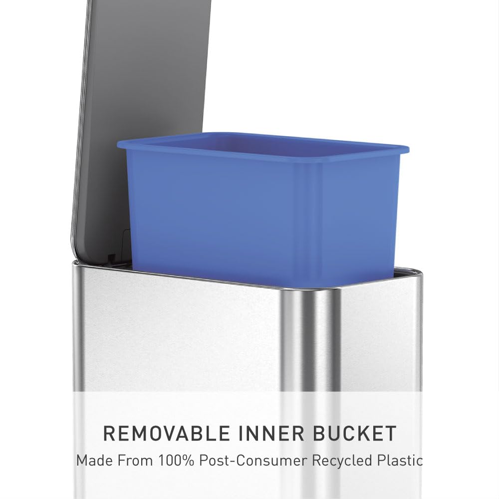 simplehuman Slim Step Can, 5L / 1.3 Gallon Compact Bathroom Trash Can, Liner Pocket®, Sleek Internal Hinge, 150,000-Step All-Steel Pedal, Lid Shox® Silent Close, Brushed Stainless Steel
