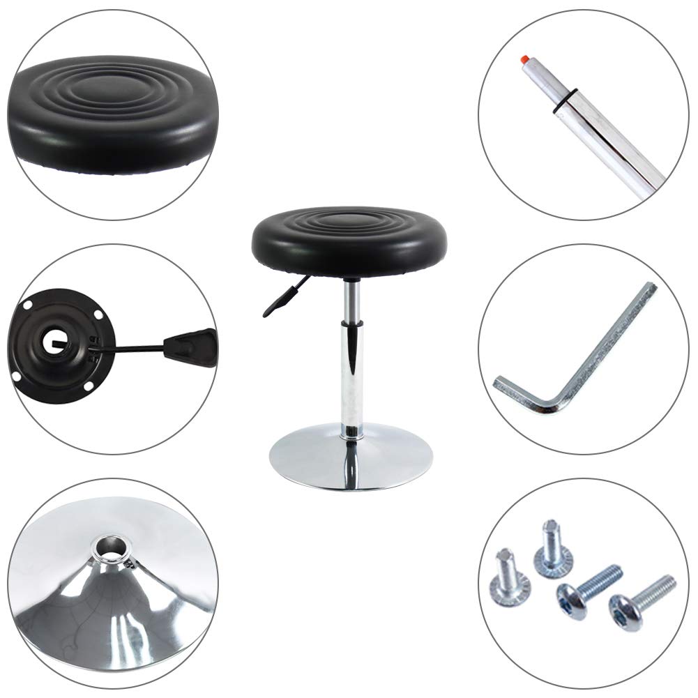 FURWOO Short Round PU Leather Chair - Height Adjustable Counter Stool With Step - Office and Vanity Seat - Small Black
