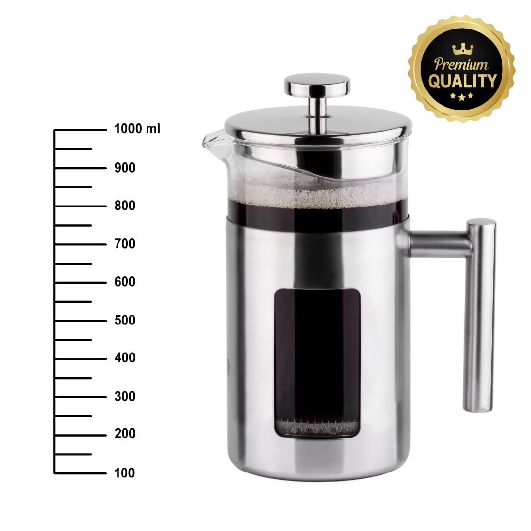 Rodolffo 34 Ounce French Press Coffee Maker with Stainless Steel 18/8 frame, 1 Litre Heat Resistant Borosilicate Glass Carafe includes 2 extra French Press Filters and 1 Coffee Spoon