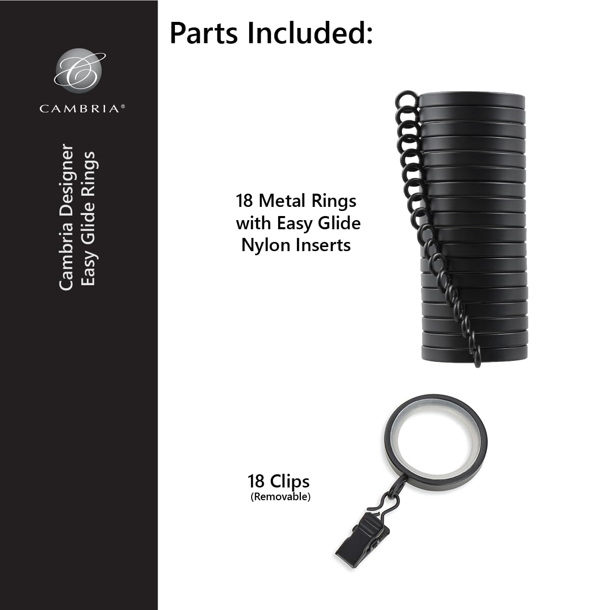 MODE Cambria Designer Series - Premium Easy Glide 18 Count Small Curtain Rings - Metal with Nylon Inserts and Clips - 1 inch Inner Diameter - use for rods 5/8" or Smaller - Brushed Gold