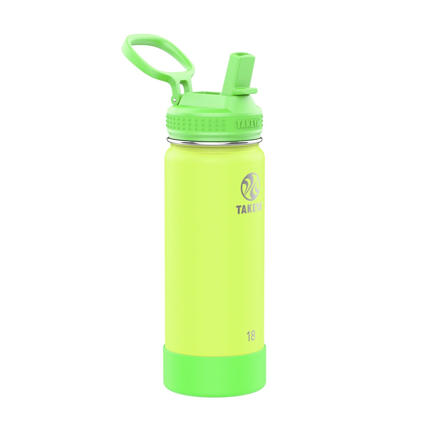 Takeya Actives Kids Water Bottle 18 oz Stainless Steel Double Wall Insulation BPA-Free Leakproof Straw Lid Easy Carry Handle Reusable Ideal for Boys and Girls, School, Sports - Lightning Green
